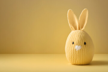 Obraz premium Knitted stuffed yellow easter bunny on yellow background, pastel tones, card, copy space, generative ai