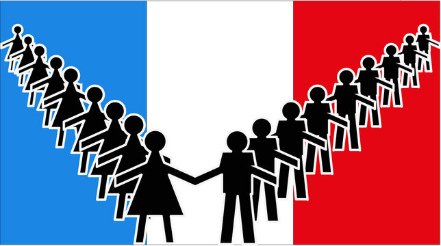 Silhouettes d'hommes et femmes se tenant par la main formant un V avec la terre en arrière-plan	