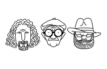 Old man face, senior, mature, different age generation. Adult people, diverse characters set. Elderly person. Collection of facial expressions. Vector cartoon hand drawn sketch line Illustration
