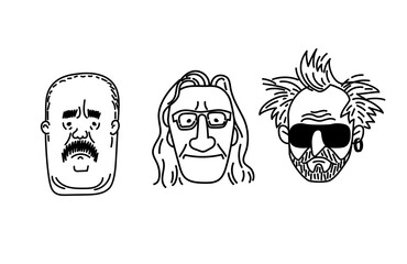 Vector old man face, senior, mature, different age generation. Adult people, diverse characters set. Elderly person. Collection of facial expressions. Сartoon hand drawn sketch line Illustration