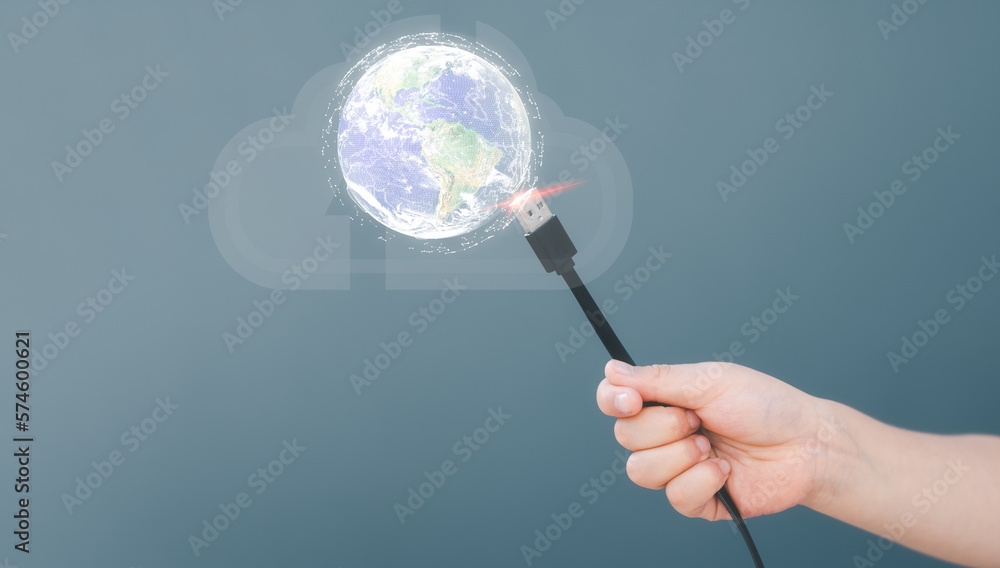 Poster cloud computing concept. kid hand holding cable connect to virtual world internet network cloud stor
