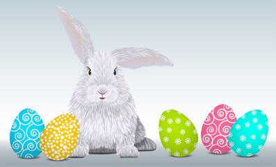 Easter cute rabbit and colored Easter eggs vector illustration