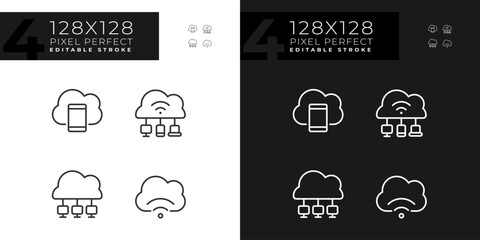 Connect devices to cloud based servers pixel perfect linear icons set for dark, light mode. Share data via internet. Thin line symbols for night, day theme. Isolated illustrations. Editable stroke
