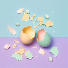 Creative Spring Easter concept, painted decorated pastel eggs. Flat lay with copy space. Festive colors and family atmosphere. Illustration, Generative AI.