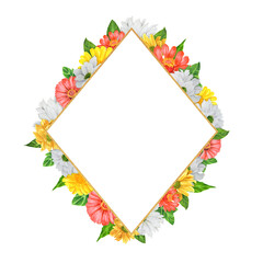 Hand-drawn watercolor composition. Rhomb frame with chrysanthemum and zinnia flowers. An illustration for printing design, textile, scrapbooking. Isolated on white.	