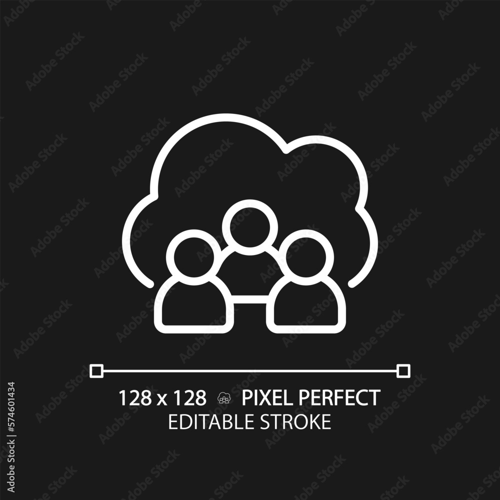 Poster community cloud pixel perfect white linear icon for dark theme. share information between partners. 