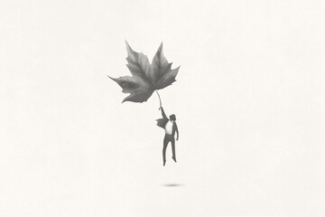 Illustration of man suspended on air with a big leaf, surreal abstract concept - obrazy, fototapety, plakaty