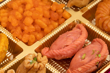 Rose Gujia Mithai Also Called Gulabi Gujiya, Pirukiya, Pirukia, Pedakiya, Karanji, Basundi Gughra Made Of Suji Ghee Chironji Mawa Khoya Chasni Mava Gulab Khoa For Deepawali, Teez, Holi Teej Festival