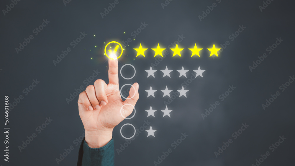 Poster man touching the virtual screen on five star icon to give satisfaction in service. rating very impre
