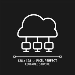 Cloud network pixel perfect white linear icon for dark theme. Central repository of digital data. Virtual computing system. Thin line illustration. Isolated symbol for night mode. Editable stroke