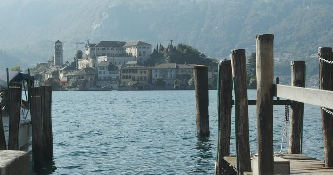 Orta lake. Lake Orta and the island of San Giulio.Ancient Italian village in the middle of the lake. Orta San Giulio, Piedmont, Italy