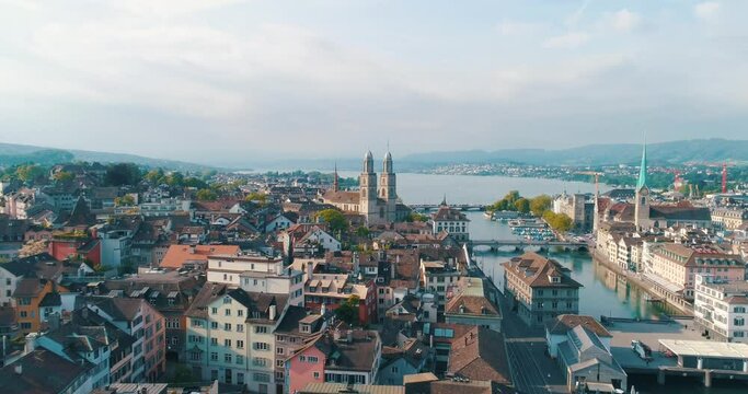 aerial zurich switzerland sweeping over city reformation history cinematic drone