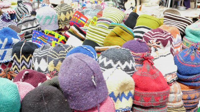 Traditional Colorful Beanie Hats In The Local Market Of Marrakesh In Morocco. - close up