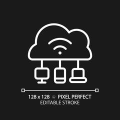 Cloud based IoT pixel perfect white linear icon for dark theme. Internet of things features. Network with devices and apps. Thin line illustration. Isolated symbol for night mode. Editable stroke