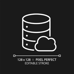 Cloud database pixel perfect white linear icon for dark theme. Computing technology of dataset processing. Online server. Thin line illustration. Isolated symbol for night mode. Editable stroke
