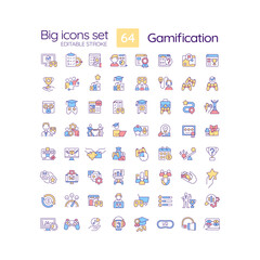 Fototapeta na wymiar Gamification RGB color icons set. Improve users motivation via game playing. Digital technology. Isolated vector illustrations. Simple filled line drawings collection. Editable stroke