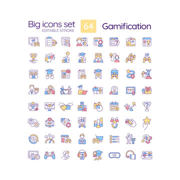Gamification RGB color icons set. Improve users motivation via game playing. Digital technology. Isolated vector illustrations. Simple filled line drawings collection. Editable stroke