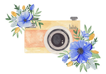 Watercolor illustration camera and blue flowers