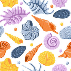 Seamless pattern with different sea shells on white background. Marine dwellers. Concept of sea and ocean life. Modern print for fabric, textiles, wrapping paper. Vector illustration