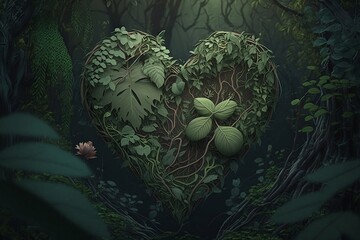 Green heart filled with flowers and leaves, sustainability concept, generative AI