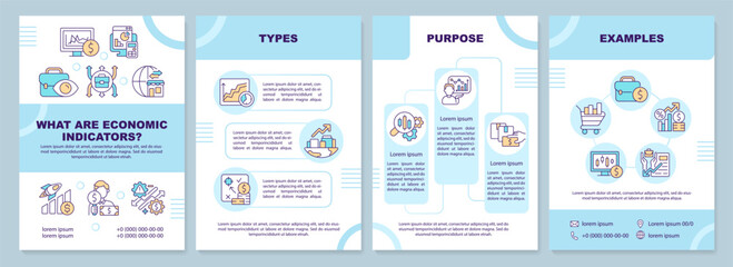 What are economic indicators blue brochure template. Leaflet design with linear icons. Editable 4 vector layouts for presentation, annual reports. Arial-Black, Myriad Pro-Regular fonts used