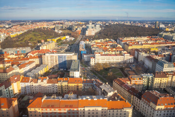 Obraz premium View of the old and new part of the city from Zizkov Television Tower in Prague, Czech republic