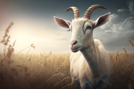 Beautiful goat in the middle of grass field, look awesome in the middle of the day, farming concept  generative ai