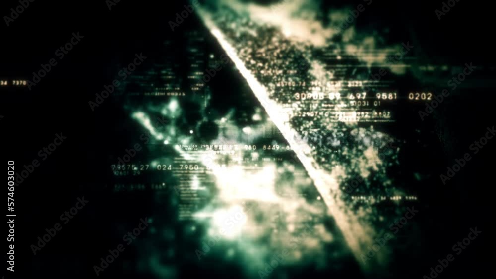 Fototapete Futuristic abstract de-focus data matrix, meta, metaverse, telemetry and encrypt numbers display with particles simulation in cyber space environment for head up display background