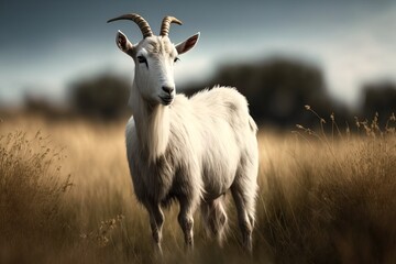 Obraz premium Beautiful goat in the middle of grass field, look awesome in the middle of the day generative ai