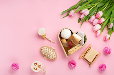 Natural Eco Friendly Home Spa Products on Pink Background.