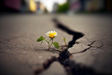 white flower growing on crack street, soft focus, blank text, Ai Generated image