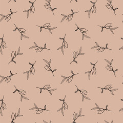 Vector seamless botanical pattern. Background of twigs with leaves. Hand drawn nature. Linear style.