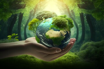 Hands protecting globe of green tree on tropical nature summer background, Ecology and Environment concept, Ai Generative
