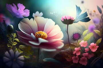 painting of Beautiful flowers, Spring theme with Close up Flower, Ai Generative
