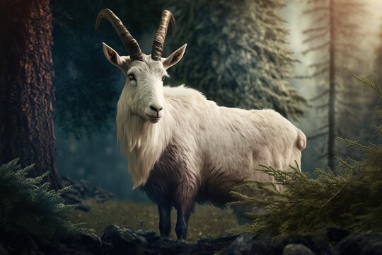 An illustrations of a white goat with big horns, view from the side with forest tress in te back  generative ai