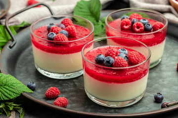 Raspberry Panna cotta with raspberry jelly on a dark background. Berry dessert with cream sauce in...