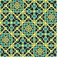 Seamless pattern with floral design. Bright yellow background with black and green flower elements for wallpapers, textile and fabrics.