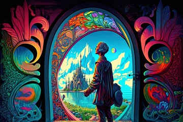 Fototapeta premium Mystic Trails of Colorful Fortune - A Visual Voyage in a Psychedelic Dimension Generative AI