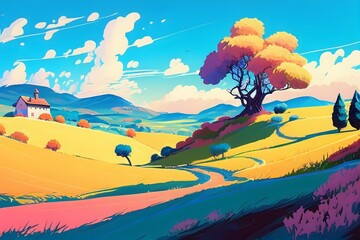countryside with hill and mountain spring theme, Vibrant Countryside, Ai Generated