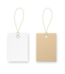 Set of tags or sale vector shopping labels with rope . White paper and brown kraft realistic material. Flat design isolated vector
