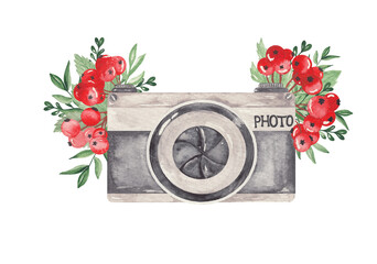 Watercolor illustration camera and guelder roses