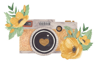 Watercolor illustration camera and yellow flowers