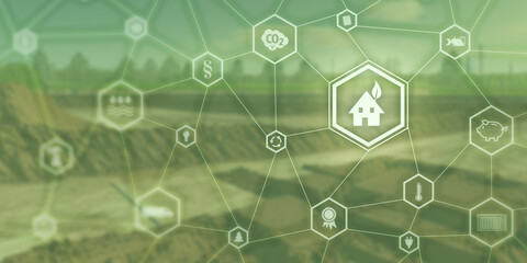 Graphic sustainable building with icons for house, CO2, law, energy, transport, certificate, transportation on green blurred background.