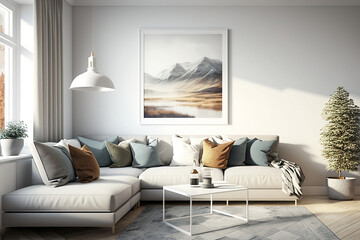 Mockup interior design of living room for modernness contemporary style white neutral, light cozy, day time, sofa lot of cushions, classic style, generative ai