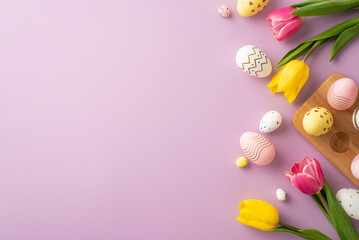 Fototapeta na wymiar Easter decor concept. Top view photo of colorful easter eggs in wooden holder yellow and pink tulips on isolated pastel violet background with empty space