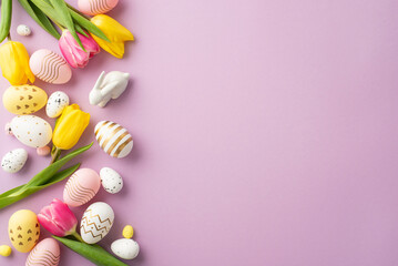 Fototapeta na wymiar Easter decorations concept. Top view photo of colorful easter eggs ceramic bunny yellow and pink tulips on isolated pastel violet background with empty space