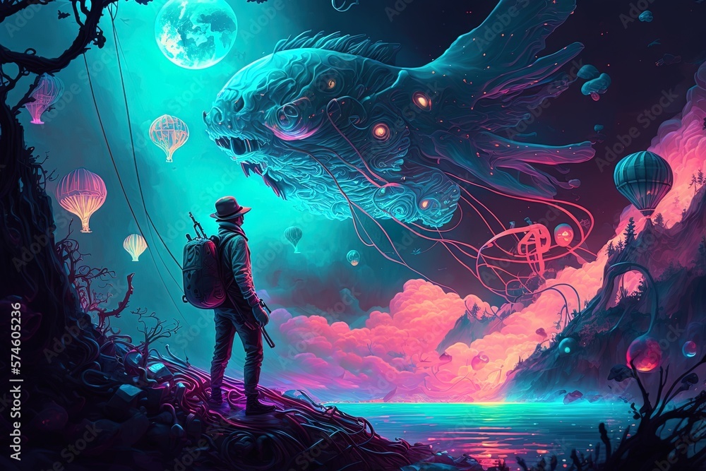 Poster traversing the floating neon dreamscape generative ai