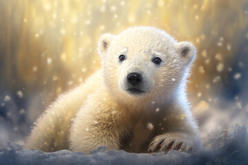 Cute baby polar bear in snow winter. Generative AI