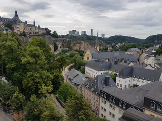 Fototapeta na wymiar Luxembourg City panorama with old buildings in foreground and modern buildings on background