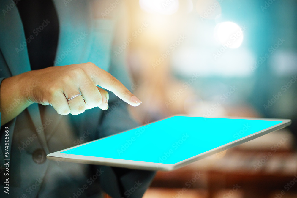 Aufkleber Hands, tablet green screen and office mockup at night for planning, research or web design tech. Woman, mobile touchscreen mock up and blurred background with bokeh, code app ui and cloud computing